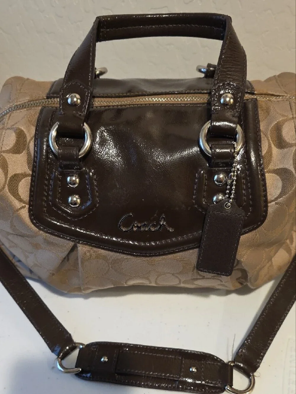 Coach Tan Signature Satchel with Dark Brown Patent Trim